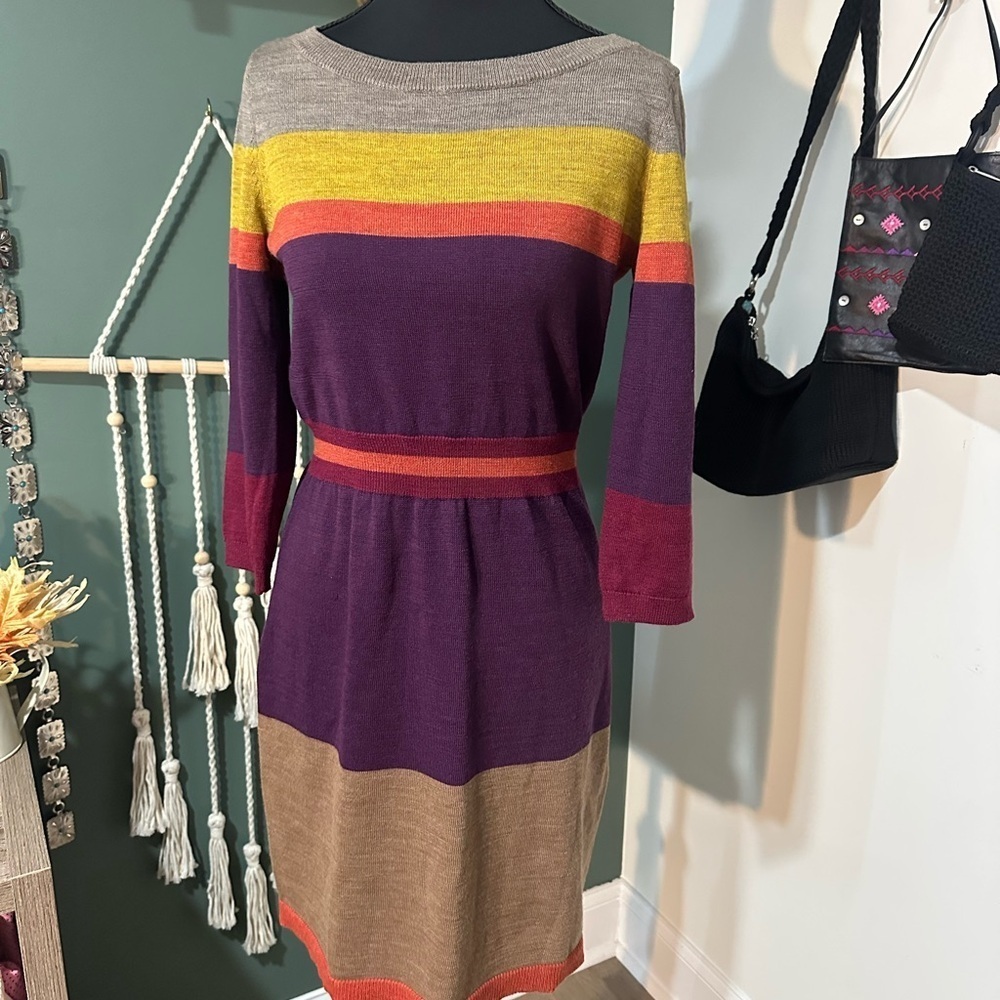 NWT LOFT Multicolor Striped Three Quarter Length Sleeve Sweater Dress Size MP 👑